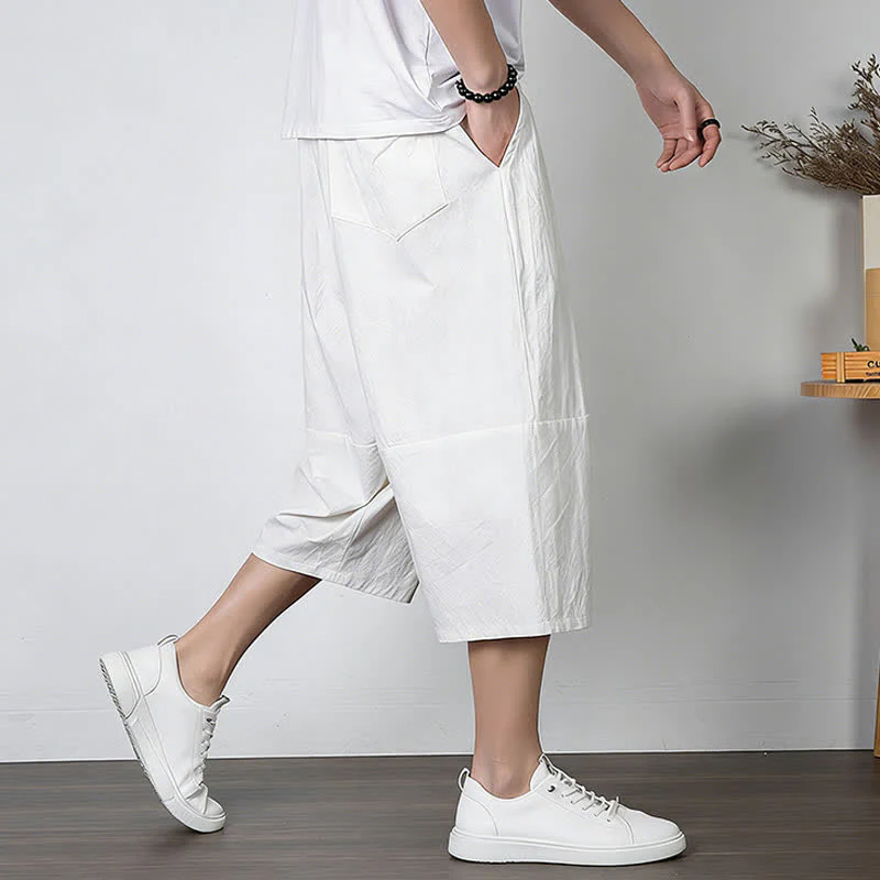 Buddha Stones Pantaloni harem da uomo in cotone e lino, lunghezza capri, con coulisse e tasche. - Image 8