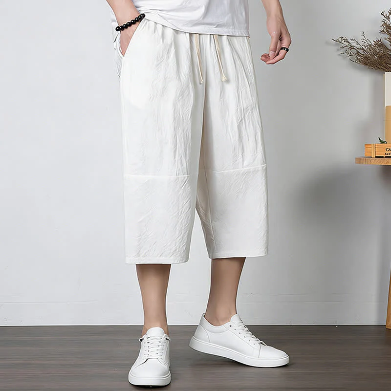 Buddha Stones Pantaloni harem da uomo in cotone e lino, lunghezza capri, con coulisse e tasche. - Image 9