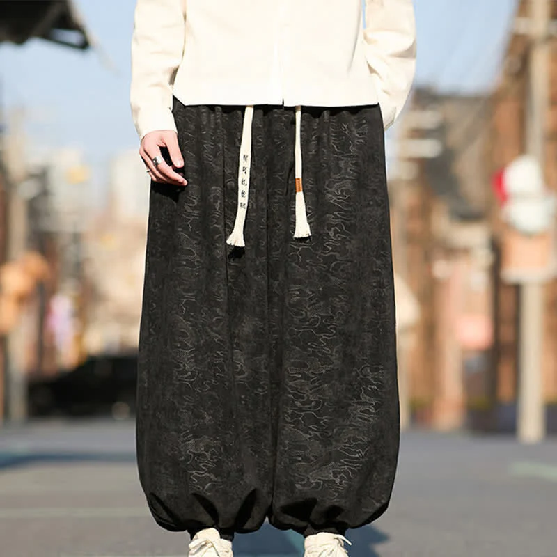 Buddha Stones Pantaloni harem da uomo in jacquard nero con coulisse e polsini elasticizzati, con tasche.