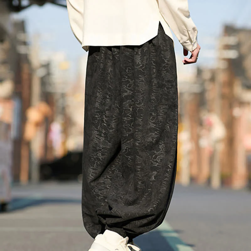 Buddha Stones Pantaloni harem da uomo in jacquard nero con coulisse e polsini elasticizzati, con tasche. - Image 6