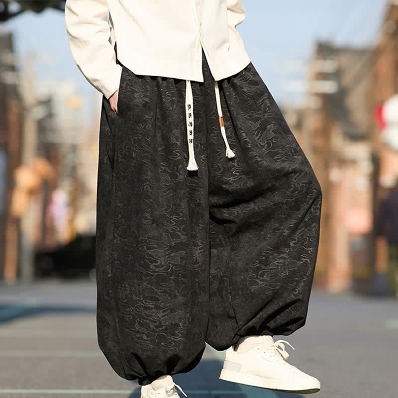 Buddha Stones Pantaloni harem da uomo in jacquard nero con coulisse e polsini elasticizzati, con tasche. - Image 8