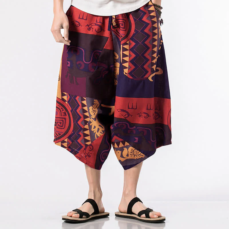 Buddha Stones Pantaloni harem da uomo, lunghezza 7-8, con tasche, stampa etnica, motivo floreale e geometrico. - Image 11