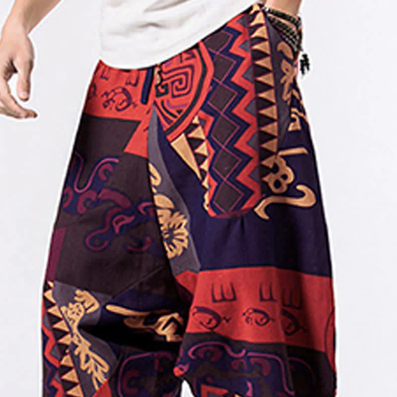 Buddha Stones Pantaloni harem da uomo, lunghezza 7-8, con tasche, stampa etnica, motivo floreale e geometrico. - Image 15