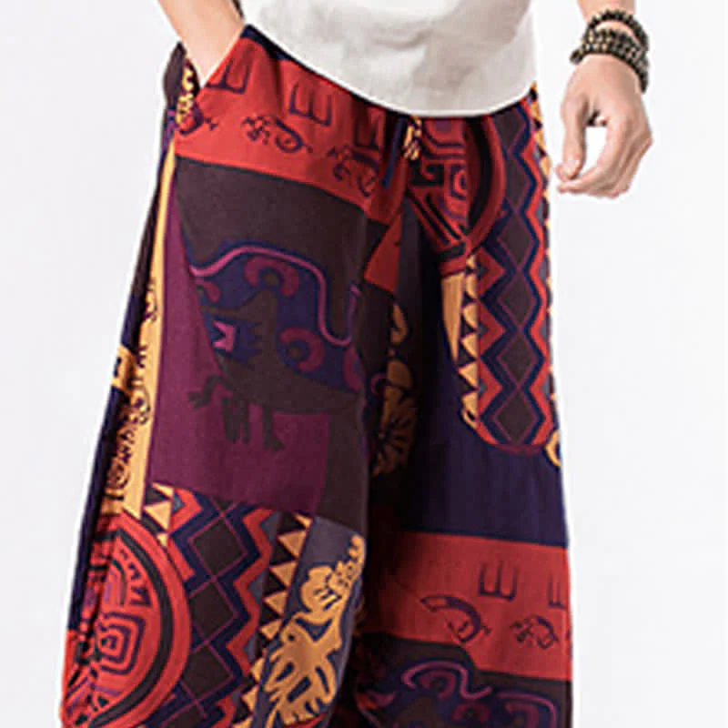 Buddha Stones Pantaloni harem da uomo, lunghezza 7-8, con tasche, stampa etnica, motivo floreale e geometrico. - Image 16