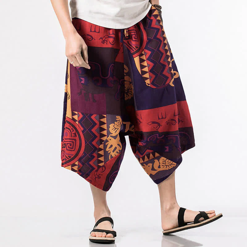 Buddha Stones Pantaloni harem da uomo, lunghezza 7-8, con tasche, stampa etnica, motivo floreale e geometrico. - Image 9