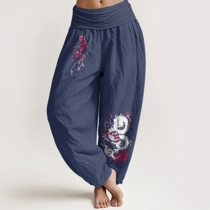 Buddha Stones Pantaloni harem in cotone con elastico in vita e motivo a fiori di ciliegio drago da donna - Image 15