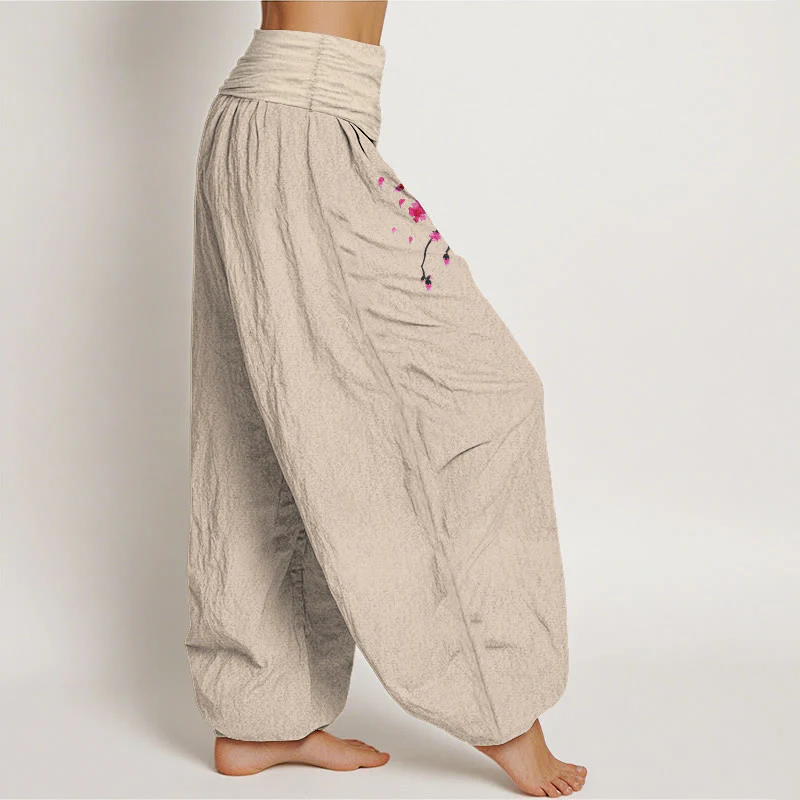 Buddha Stones Pantaloni harem in cotone con elastico in vita e motivo a fiori di ciliegio drago da donna - Image 8
