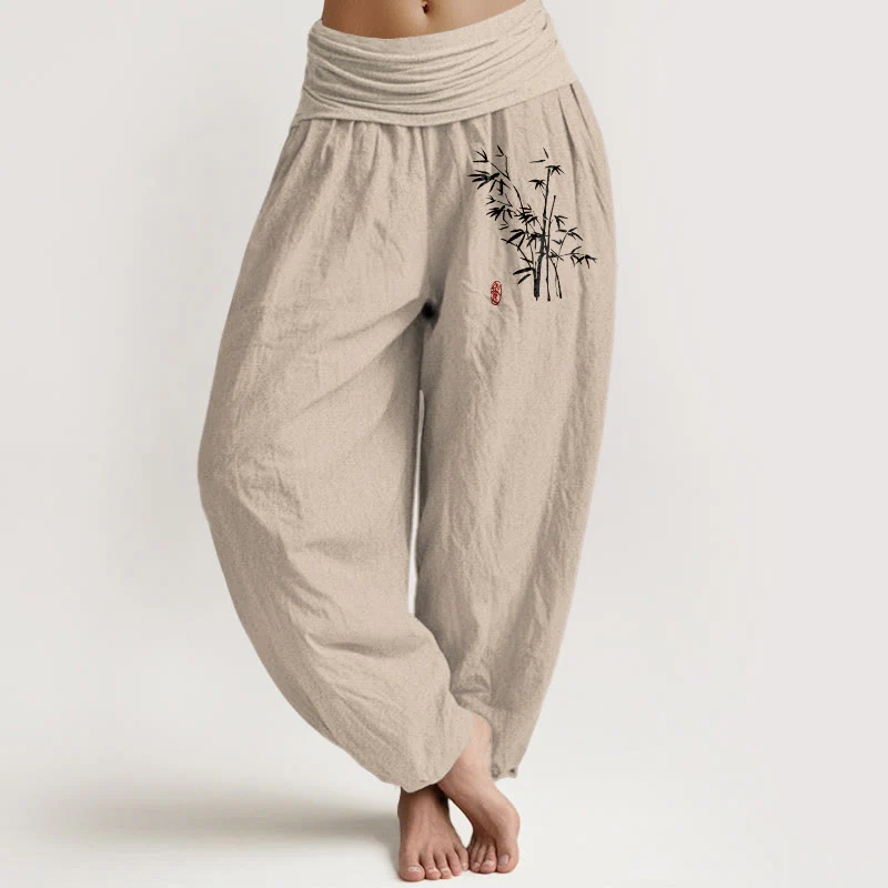 Buddha Stones Pantaloni harem in cotone con elastico in vita e motivo a foglie di bambù casual da donna