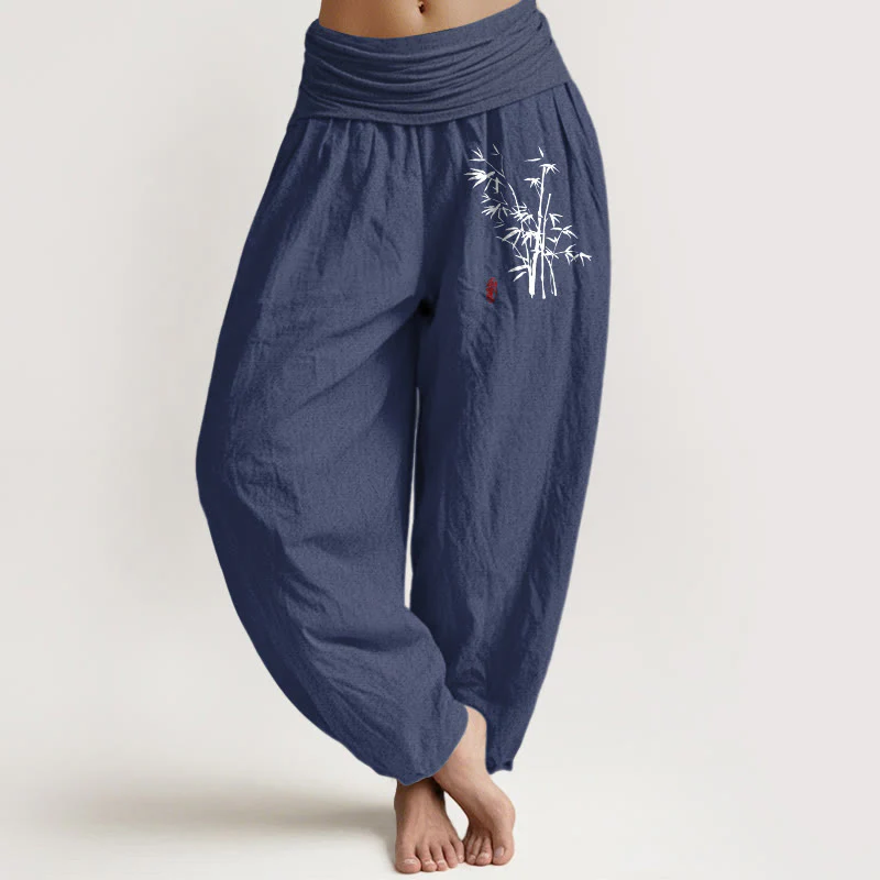 Buddha Stones Pantaloni harem in cotone con elastico in vita e motivo a foglie di bambù casual da donna - Image 12