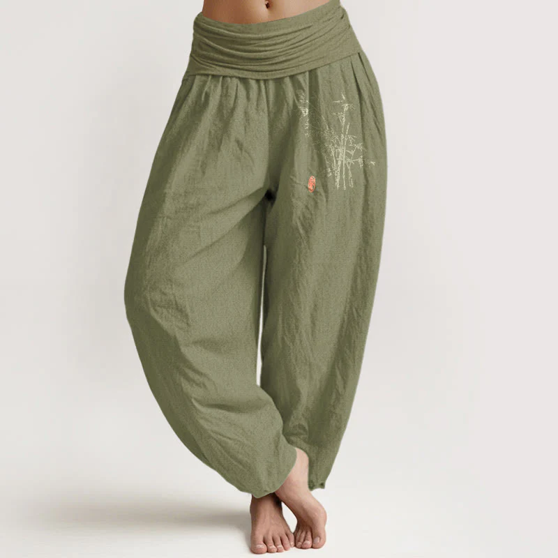 Buddha Stones Pantaloni harem in cotone con elastico in vita e motivo a foglie di bambù casual da donna - Image 15