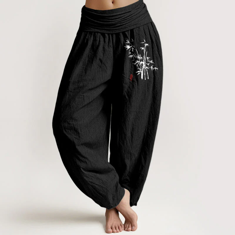 Buddha Stones Pantaloni harem in cotone con elastico in vita e motivo a foglie di bambù casual da donna - Image 6