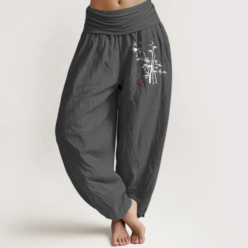 Buddha Stones Pantaloni harem in cotone con elastico in vita e motivo a foglie di bambù casual da donna - Image 9