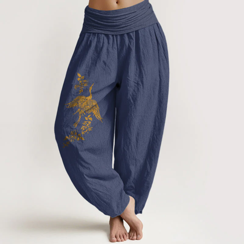 Buddha Stones Pantaloni harem in cotone con elastico in vita e motivo floreale a foglie di gru da donna - Image 6
