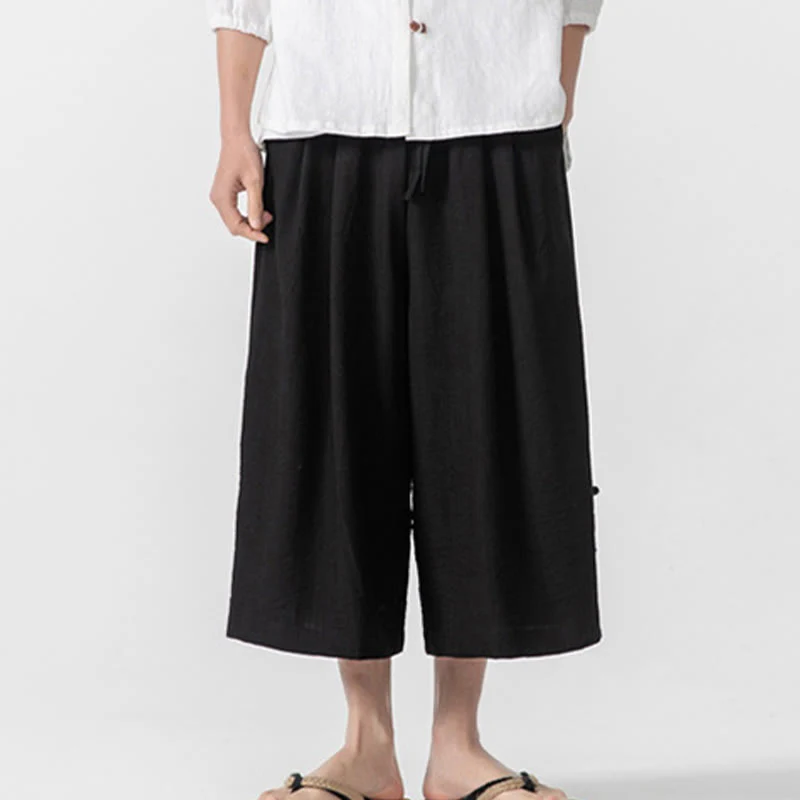 Buddha Stones Pantaloni larghi casual da uomo in cotone con bottoni a rana, lunghezza 7-8, gamba larga, tasche - Image 16