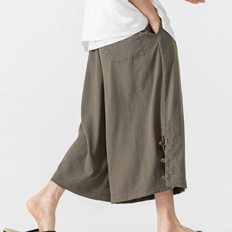 Buddha Stones Pantaloni larghi casual da uomo in cotone con bottoni a rana, lunghezza 7-8, gamba larga, tasche - Image 29