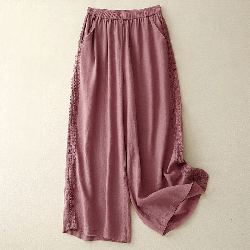 Buddha Stones Pantaloni larghi da donna in cotone e lino con cuciture in pizzo tinta unita e tasche - Image 14