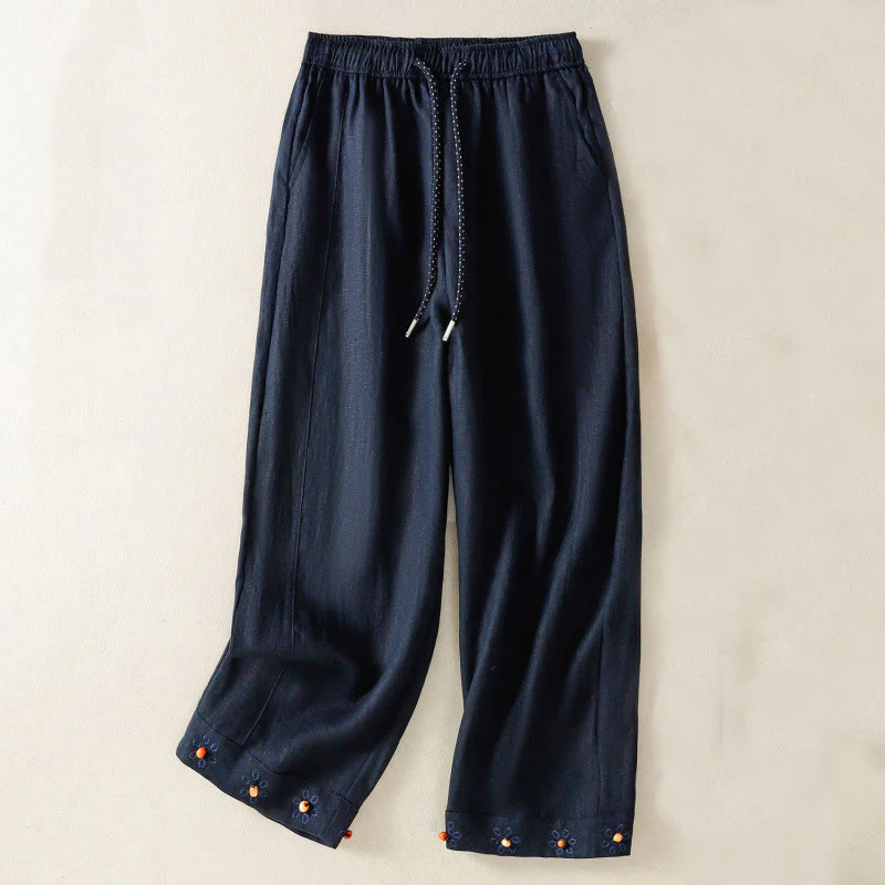 Buddha Stones Pantaloni larghi in cotone con coulisse, perline ricamate e tasche, da donna