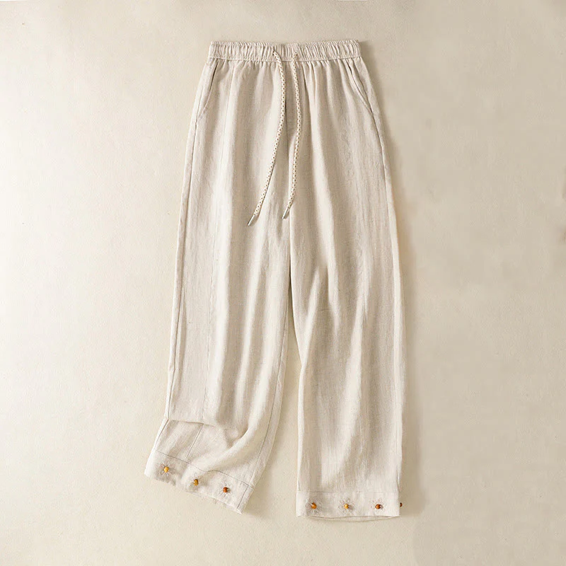Buddha Stones Pantaloni larghi in cotone con coulisse, perline ricamate e tasche, da donna - Image 14