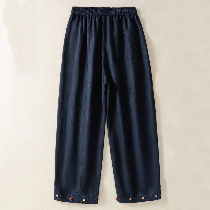 Buddha Stones Pantaloni larghi in cotone con coulisse, perline ricamate e tasche, da donna - Image 2