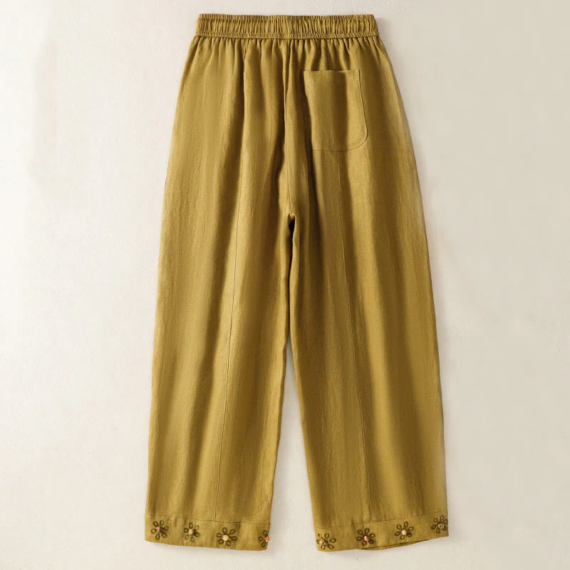 Buddha Stones Pantaloni larghi in cotone con coulisse, perline ricamate e tasche, da donna - Image 7