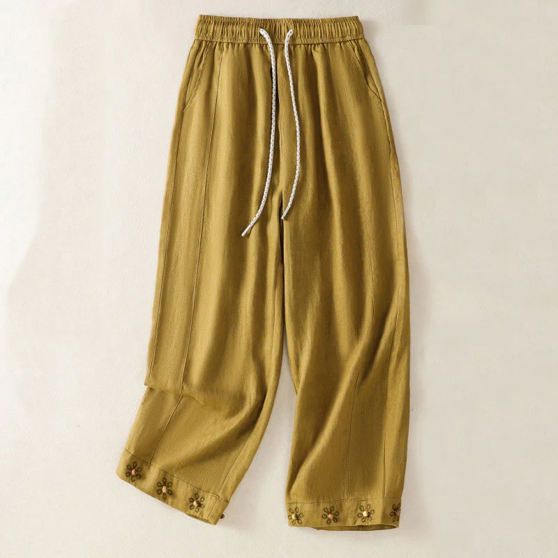 Buddha Stones Pantaloni larghi in cotone con coulisse, perline ricamate e tasche, da donna - Image 8