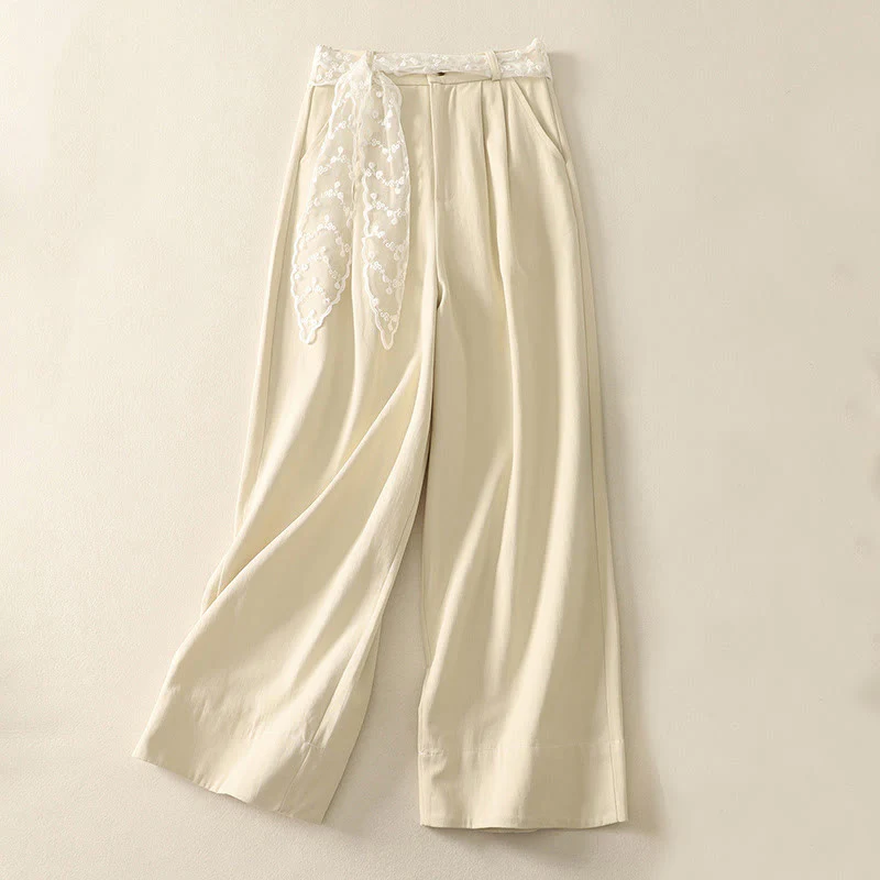 Buddha Stones Pantaloni larghi in cotone da donna con cintura in pizzo tinta unita e tasche