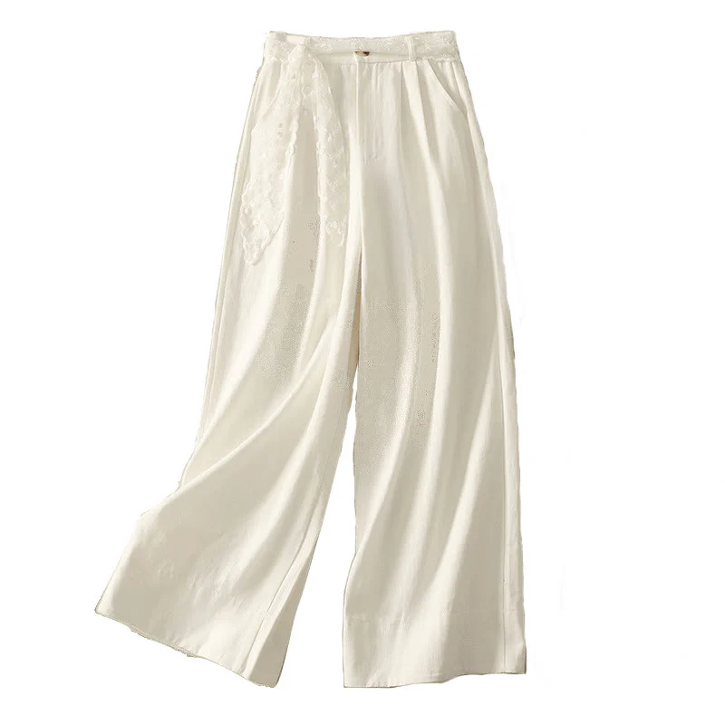 Buddha Stones Pantaloni larghi in cotone da donna con cintura in pizzo tinta unita e tasche - Image 17