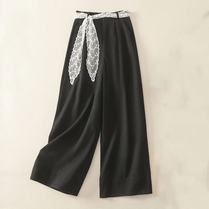 Buddha Stones Pantaloni larghi in cotone da donna con cintura in pizzo tinta unita e tasche - Image 18
