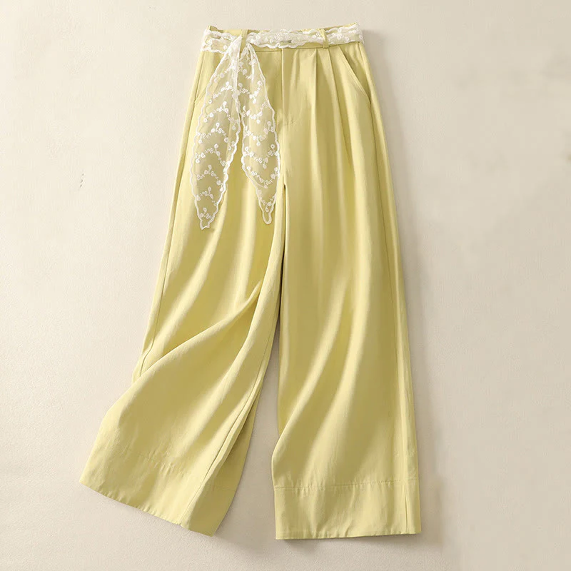 Buddha Stones Pantaloni larghi in cotone da donna con cintura in pizzo tinta unita e tasche - Image 23