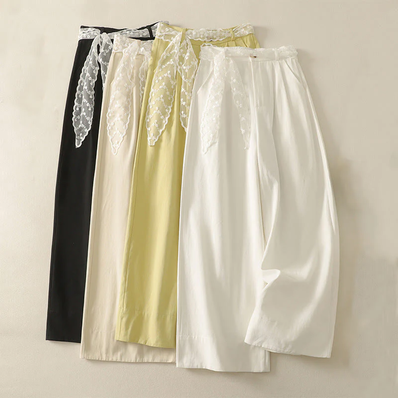 Buddha Stones Pantaloni larghi in cotone da donna con cintura in pizzo tinta unita e tasche - Image 28