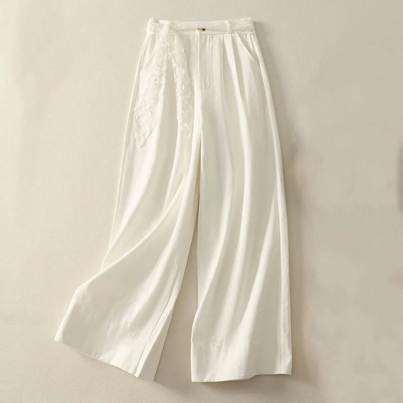 Buddha Stones Pantaloni larghi in cotone da donna con cintura in pizzo tinta unita e tasche - Image 7