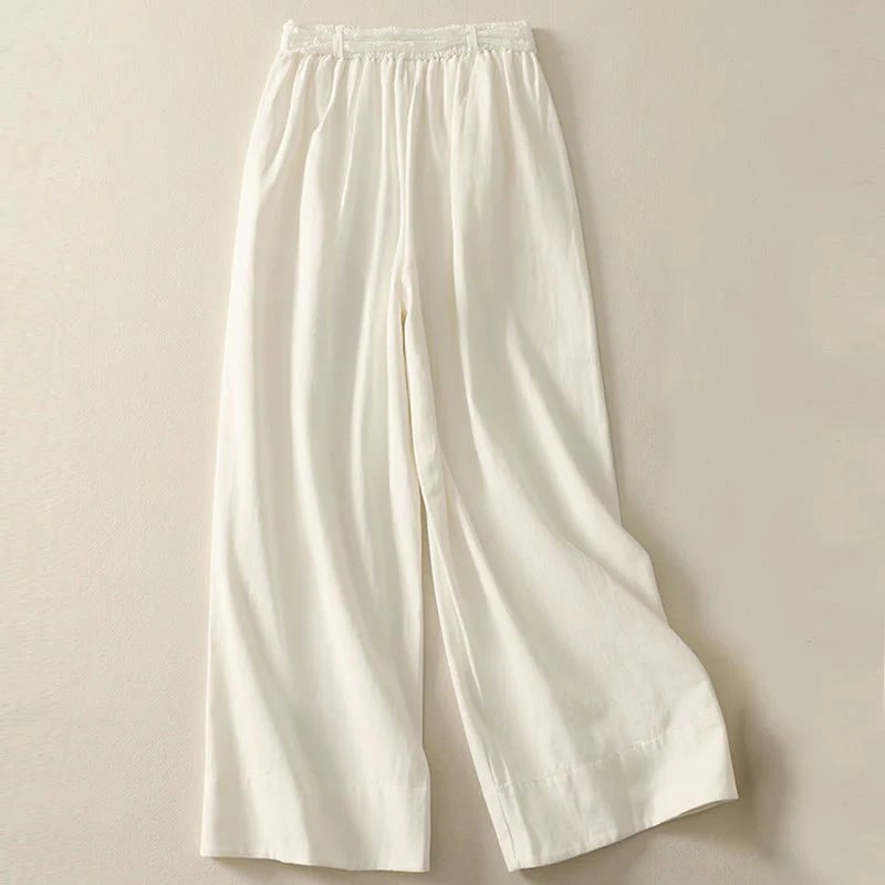Buddha Stones Pantaloni larghi in cotone da donna con cintura in pizzo tinta unita e tasche - Image 8