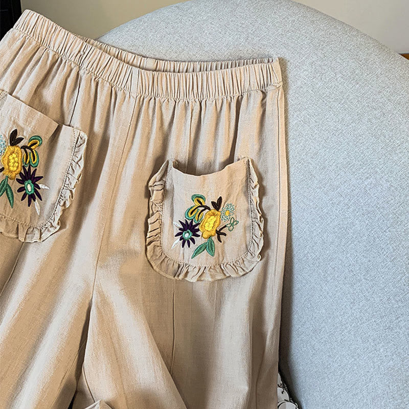 Buddha Stones Pantaloni larghi in cotone e lino con tasche, da donna, con ricamo beige casual - Image 6