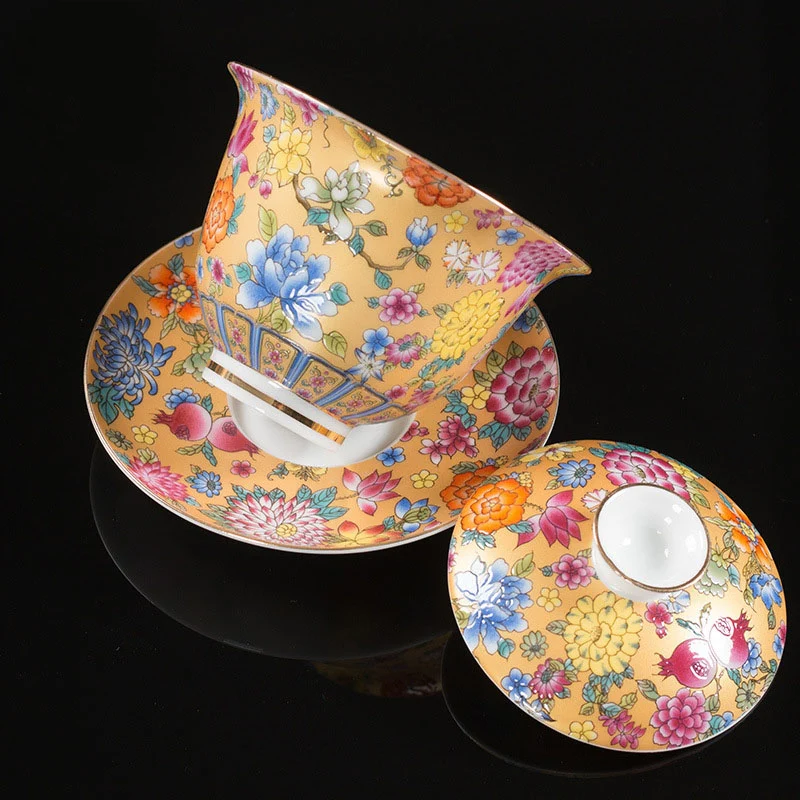Buddha Stones Peony Flowers Ceramic Gaiwan Sancai Tazza da tè Kung Fu Tazza da tè e piattino con coperchio