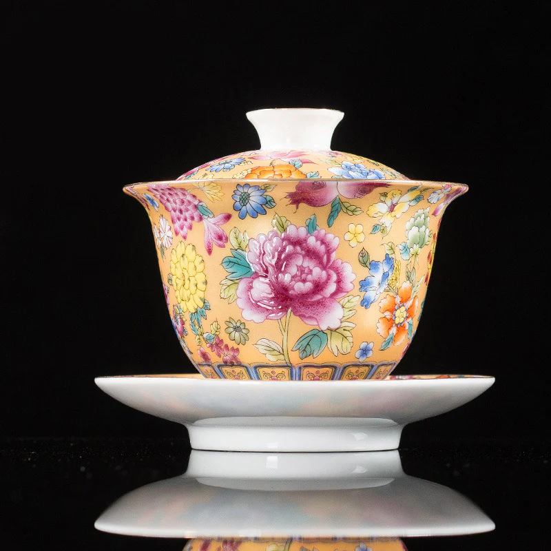 Buddha Stones Peony Flowers Ceramic Gaiwan Sancai Tazza da tè Kung Fu Tazza da tè e piattino con coperchio - Image 3