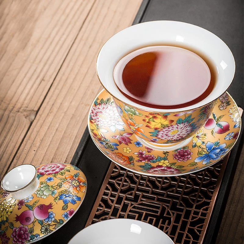 Buddha Stones Peony Flowers Ceramic Gaiwan Sancai Tazza da tè Kung Fu Tazza da tè e piattino con coperchio - Image 9