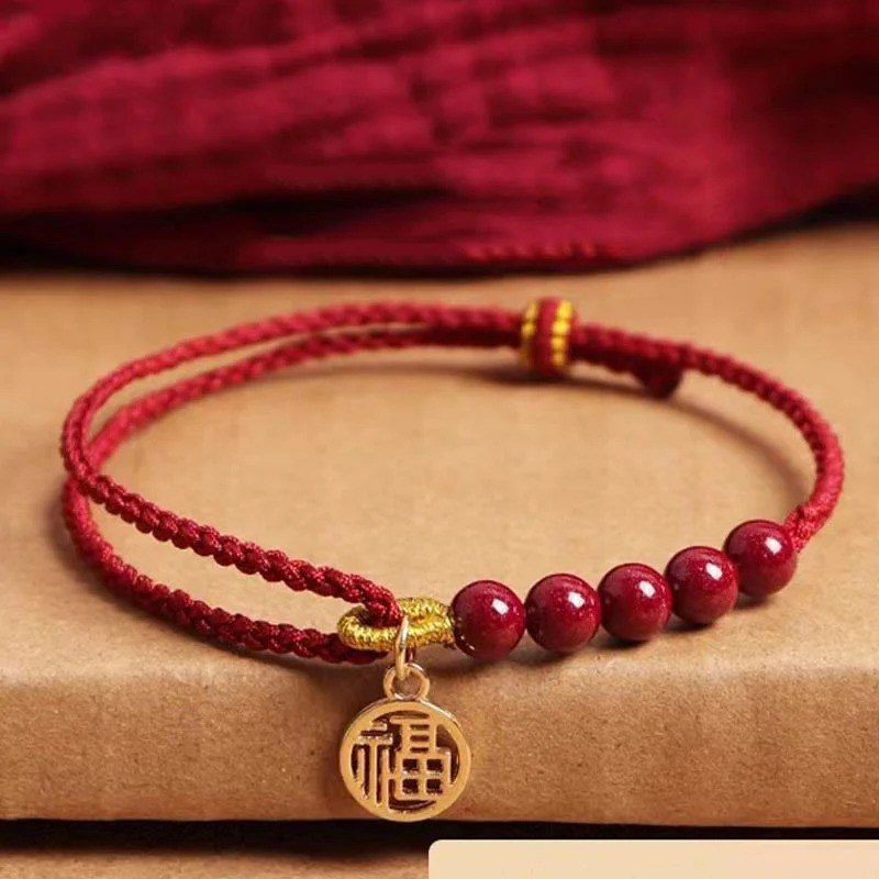 Buddha Stones, perline di carattere Fu, benedizione, braccialetto intrecciato fatto a mano con filo rosso