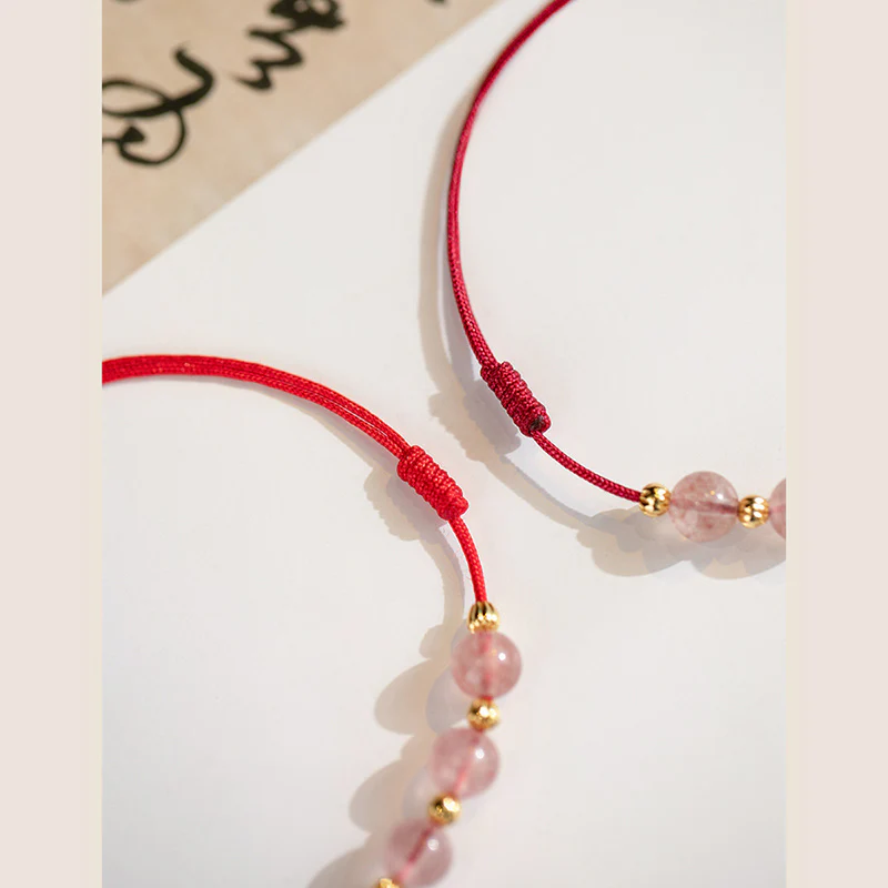 Buddha Stones Perline di cristallo di fragola Cavigliera con corda rossa portafortuna - Image 14