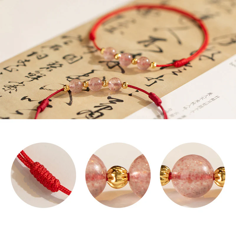 Buddha Stones Perline di cristallo di fragola Cavigliera con corda rossa portafortuna - Image 15