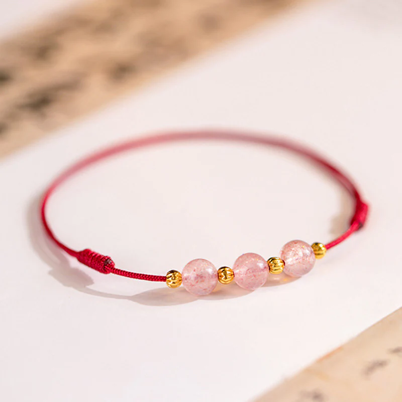 Buddha Stones Perline di cristallo di fragola Cavigliera con corda rossa portafortuna - Image 3