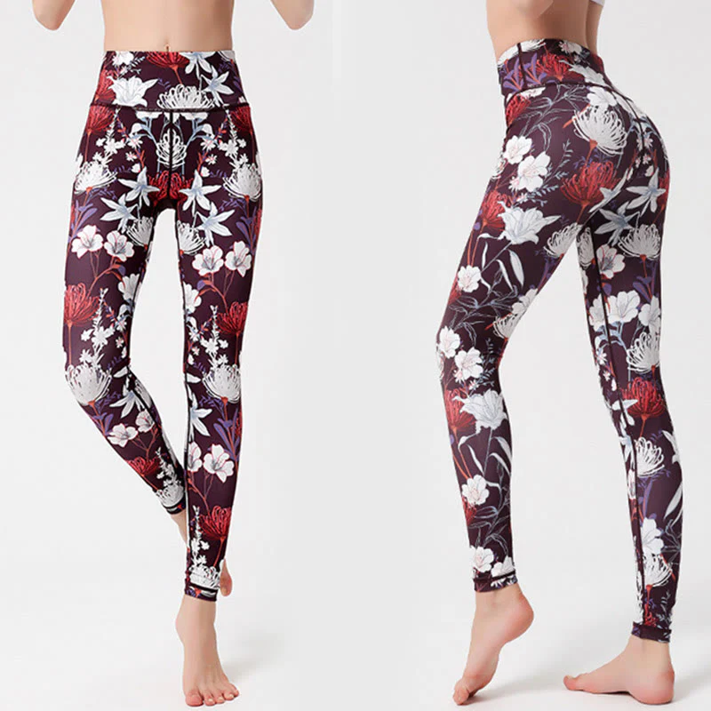 Buddha Stones Petali di fiori colorati Foglie Stampa Sport Esercizio Fitness Vita alta Leggings Pantaloni da yoga da donna
