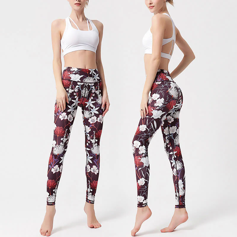 Buddha Stones Petali di fiori colorati Foglie Stampa Sport Esercizio Fitness Vita alta Leggings Pantaloni da yoga da donna - Image 3