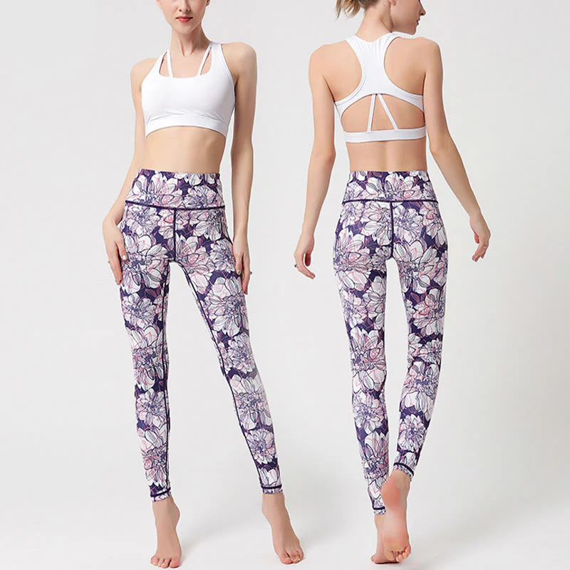Buddha Stones Petali di fiori colorati Foglie Stampa Sport Esercizio Fitness Vita alta Leggings Pantaloni da yoga da donna - Image 8