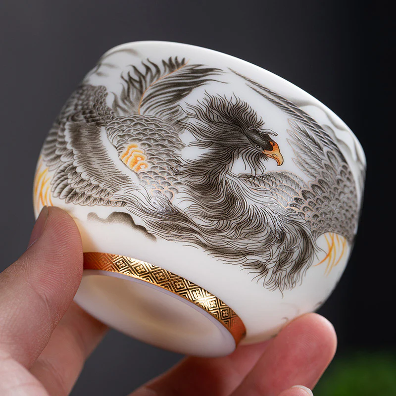 Buddha Stones Phoenix Tazza da tè in porcellana bianca in ceramica Tazza da tè Kung Fu 185 ml con scatola regalo