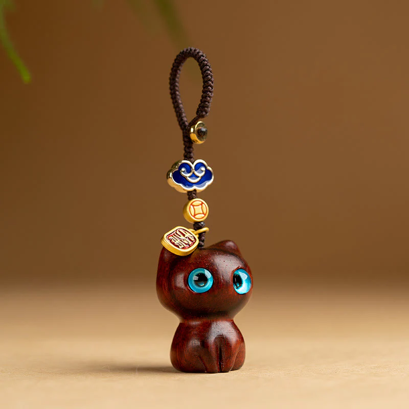 Buddha Stones Piccola foglia Legno di sandalo rosso Legno di ebano Gatto fortunato Protezione Portachiavi Telefono Appeso Decorazione