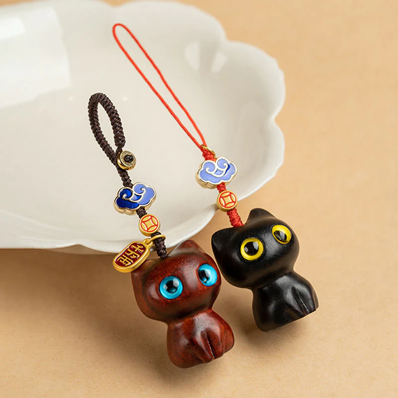 Buddha Stones Piccola foglia Legno di sandalo rosso Legno di ebano Gatto fortunato Protezione Portachiavi Telefono Appeso Decorazione - Image 15