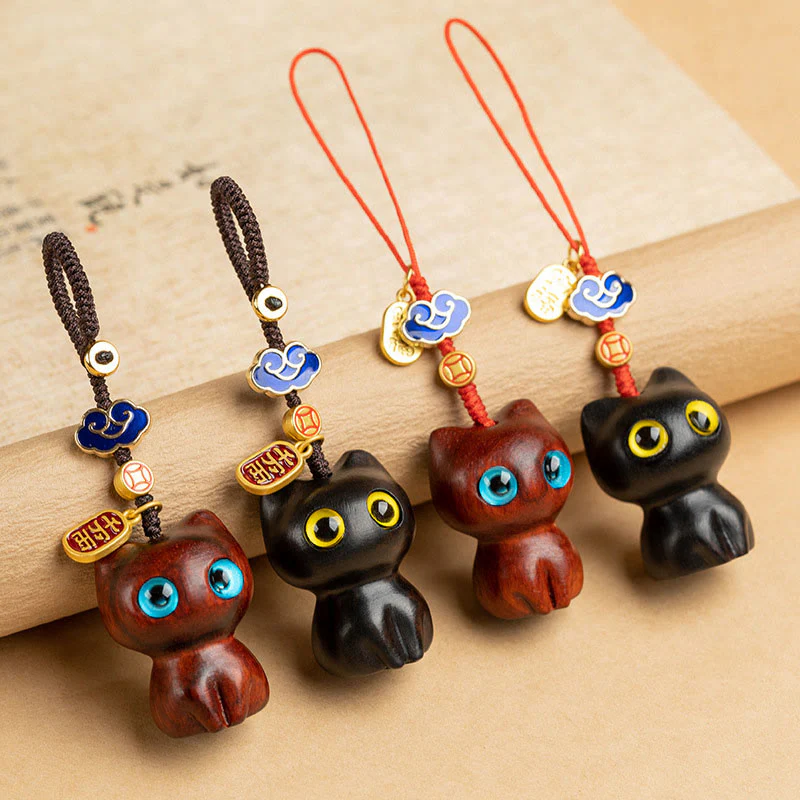 Buddha Stones Piccola foglia Legno di sandalo rosso Legno di ebano Gatto fortunato Protezione Portachiavi Telefono Appeso Decorazione - Image 2