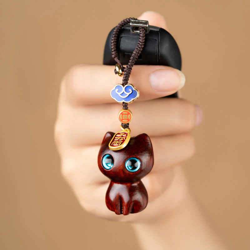 Buddha Stones Piccola foglia Legno di sandalo rosso Legno di ebano Gatto fortunato Protezione Portachiavi Telefono Appeso Decorazione - Image 3