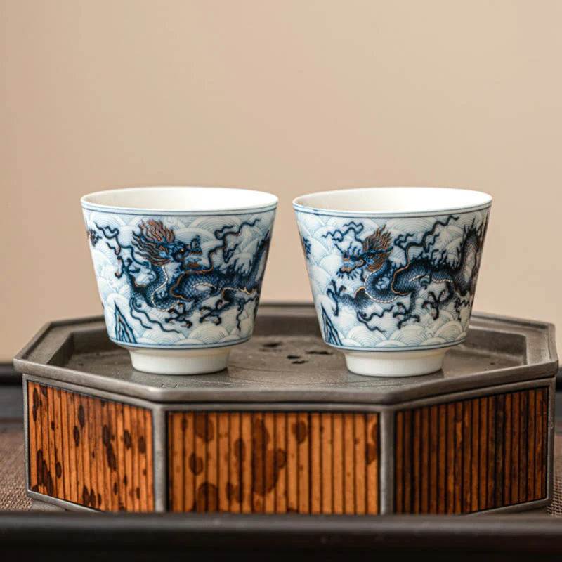 Buddha Stones Piccola tazza da tè in ceramica con motivo drago blu e bianco Tazze da tè Kung Fu 45 ml - Image 10