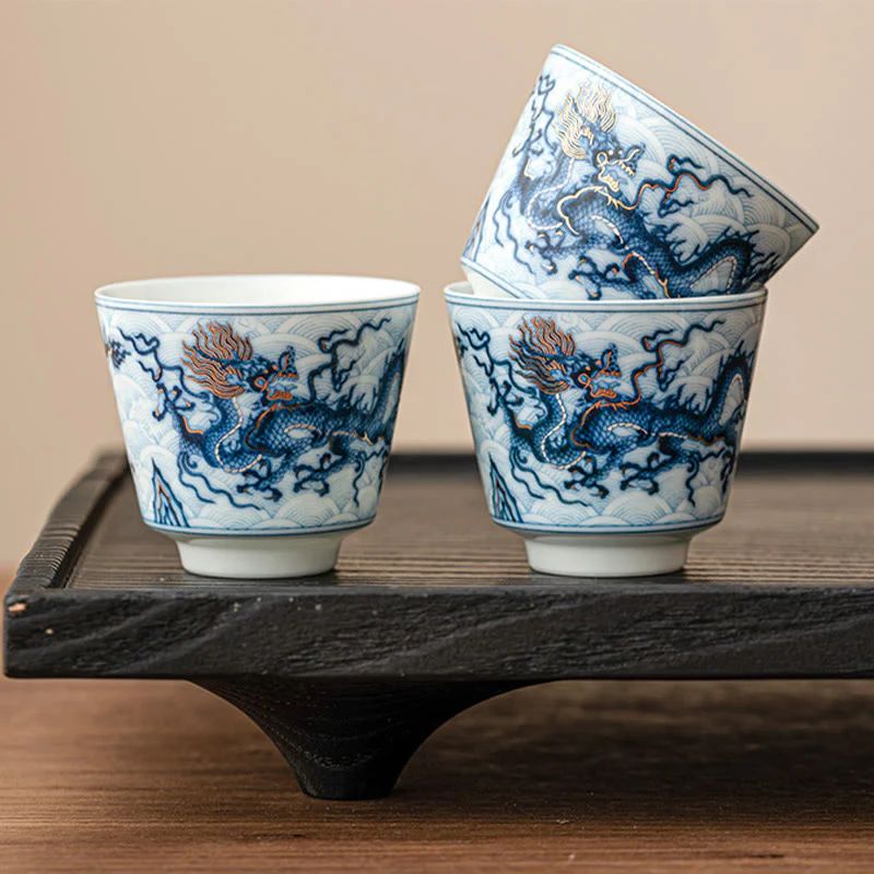 Buddha Stones Piccola tazza da tè in ceramica con motivo drago blu e bianco Tazze da tè Kung Fu 45 ml - Image 4